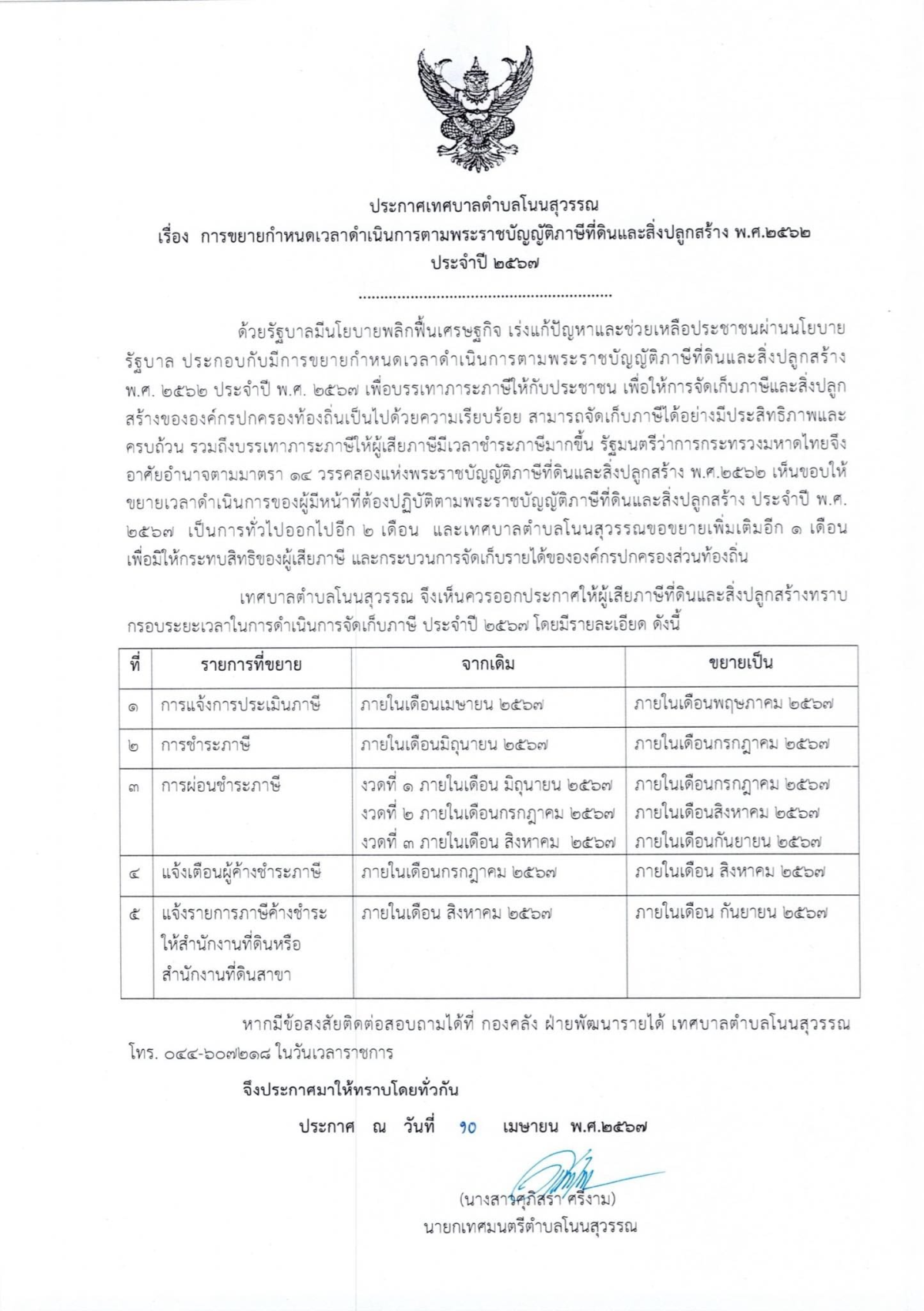 ประกาศเทศบาลตำบลโนนสุวรรณ เรื่อง การขยายกำหนดเวลาดำเนินการตามพระราชบัญญัติภาษีที่ดินและสิ่งปลูกสร้าง พ.ศ.๒๕๖๒ ประจำปี ๒๕๖๗